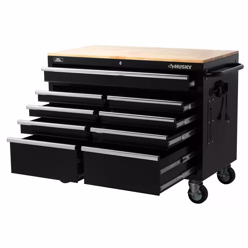 Husky 46 in. W x 24.5 in. D Standard Duty 9-Drawer Mobile Workbench Cabinet with Solid Wood Top in Gloss Black