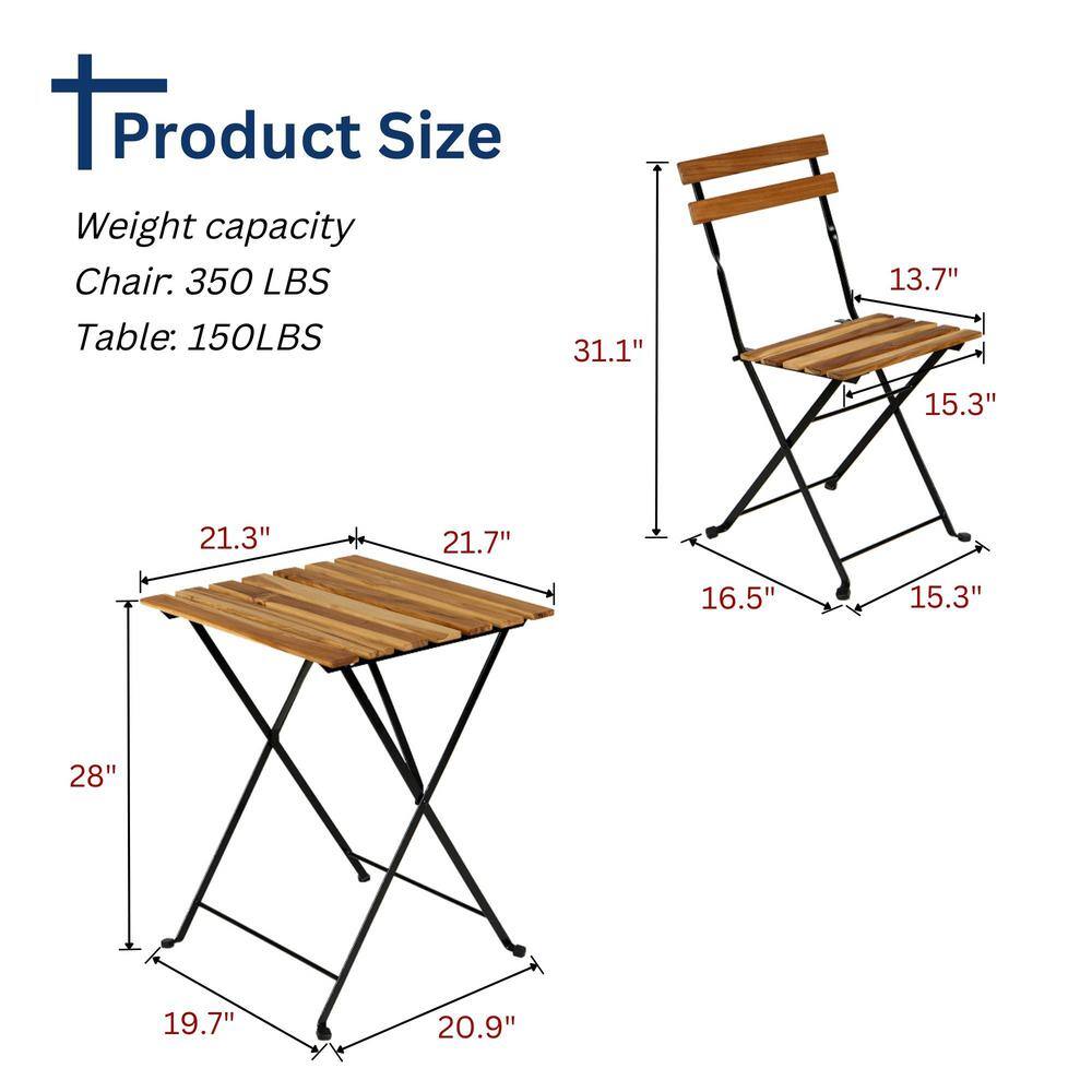 None 3-Piece Solid Teak Wood Outdoor Bistro Set with Navy Cushions