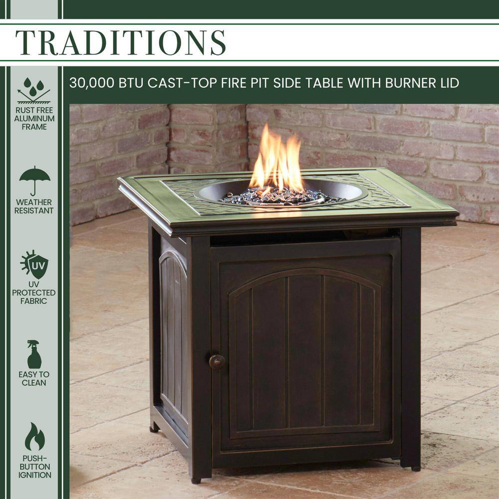 Hanover Traditions 26 in. Square Aluminum Outdoor Side Table with Fire Pit and Burner Lid