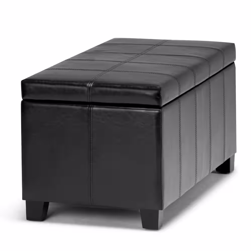 Simpli Home Dover 36 in. Contemporary Storage Ottoman in Midnight Black Faux Leather