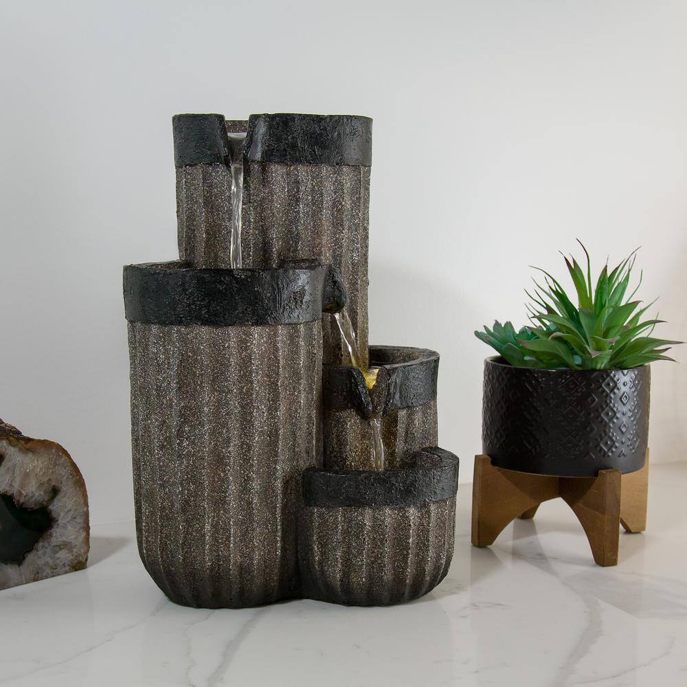 Alpine Corporation 14 in. Tall Cascading Tabletop Fountain Decoration with LED Lights, Gray