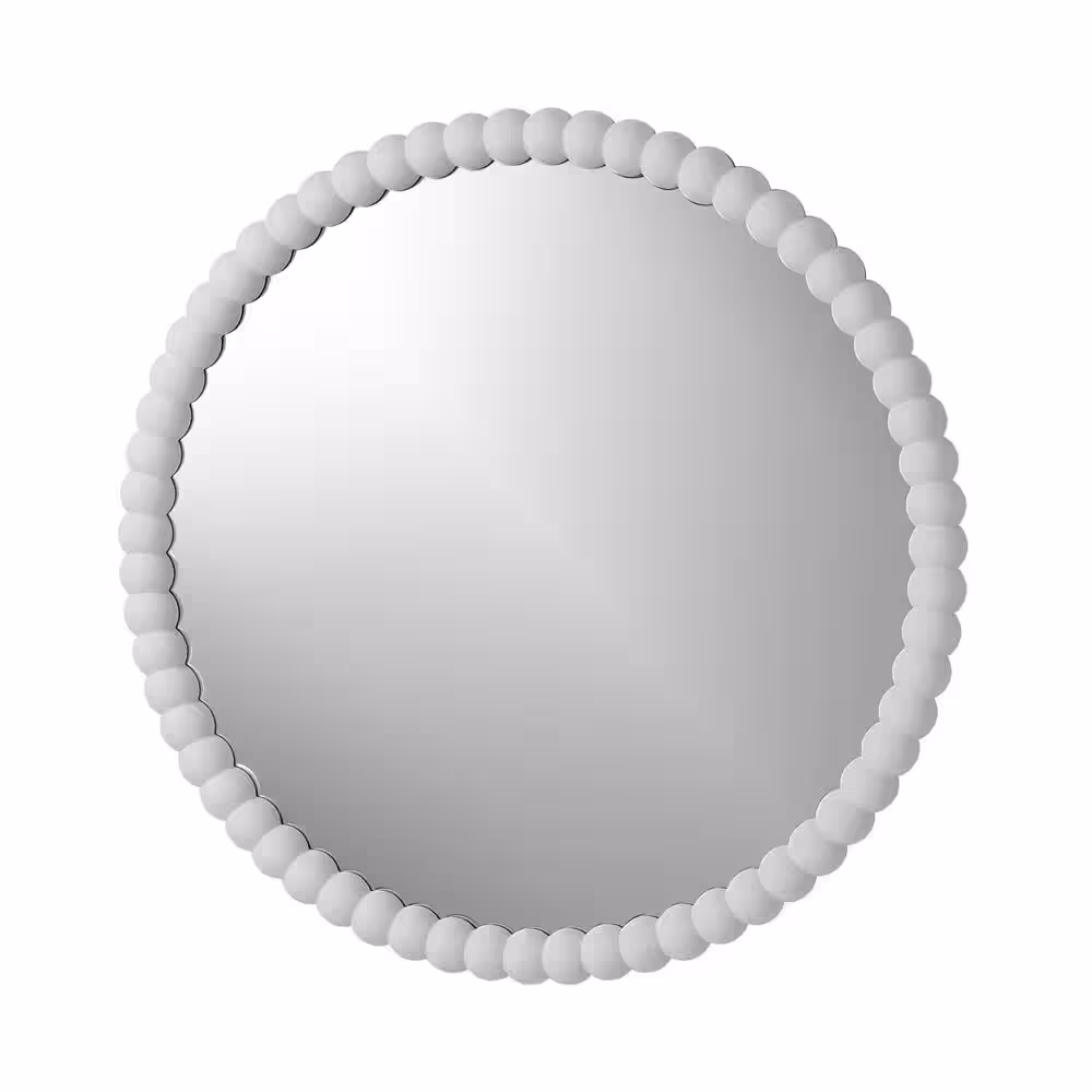 None DENISE  Decorative Large Beaded Round Wood Mirror, Whitewash 28 in. x 28 in.