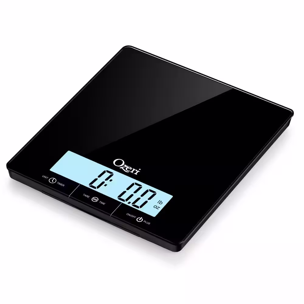 Ozeri Touch III 22 lbs (10 kg) Kitchen Scale in Tempered Glass, with Clock, Temperature and Humidity Gauge