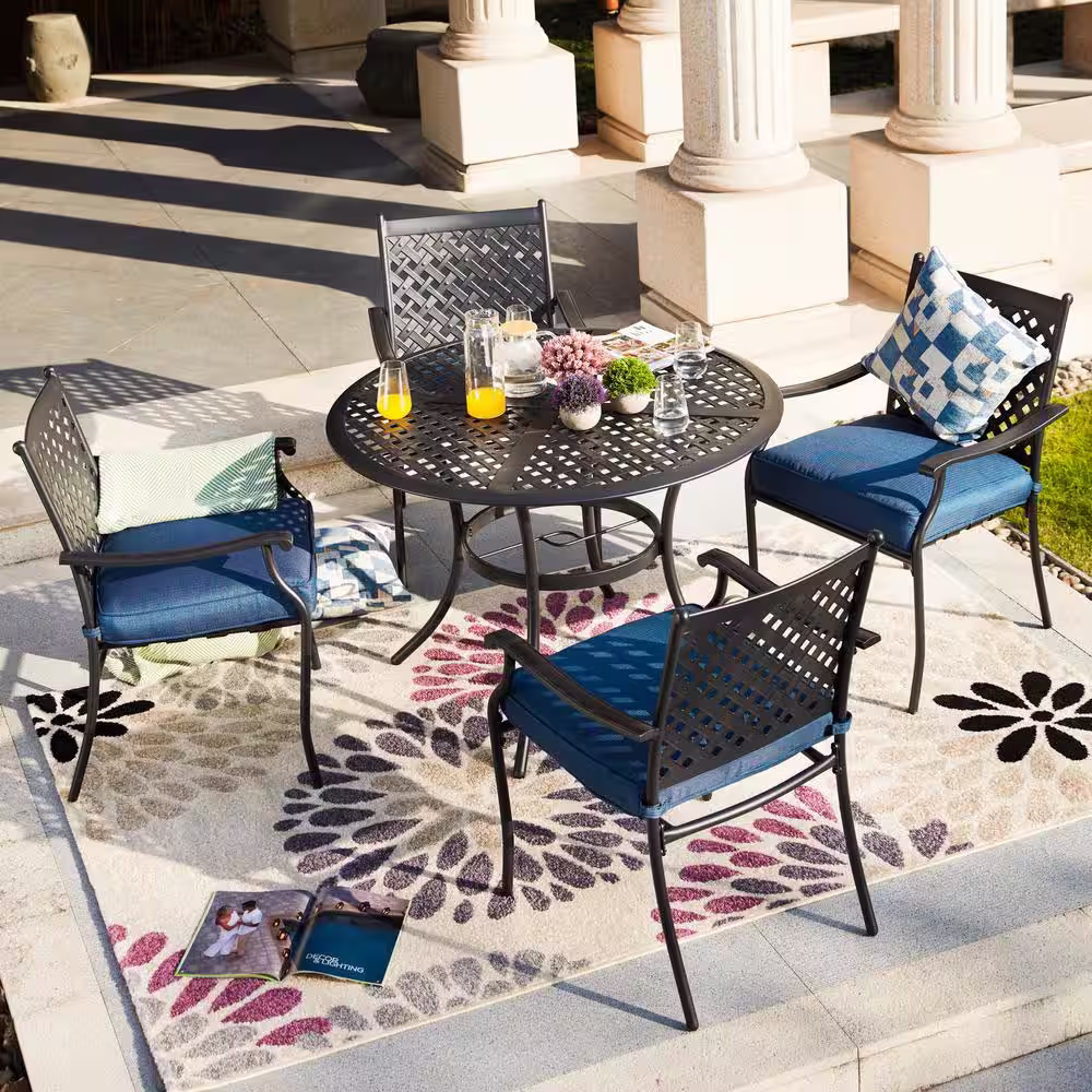 Patio Festival 5-Piece Metal Outdoor Dining Set with Blue Cushions