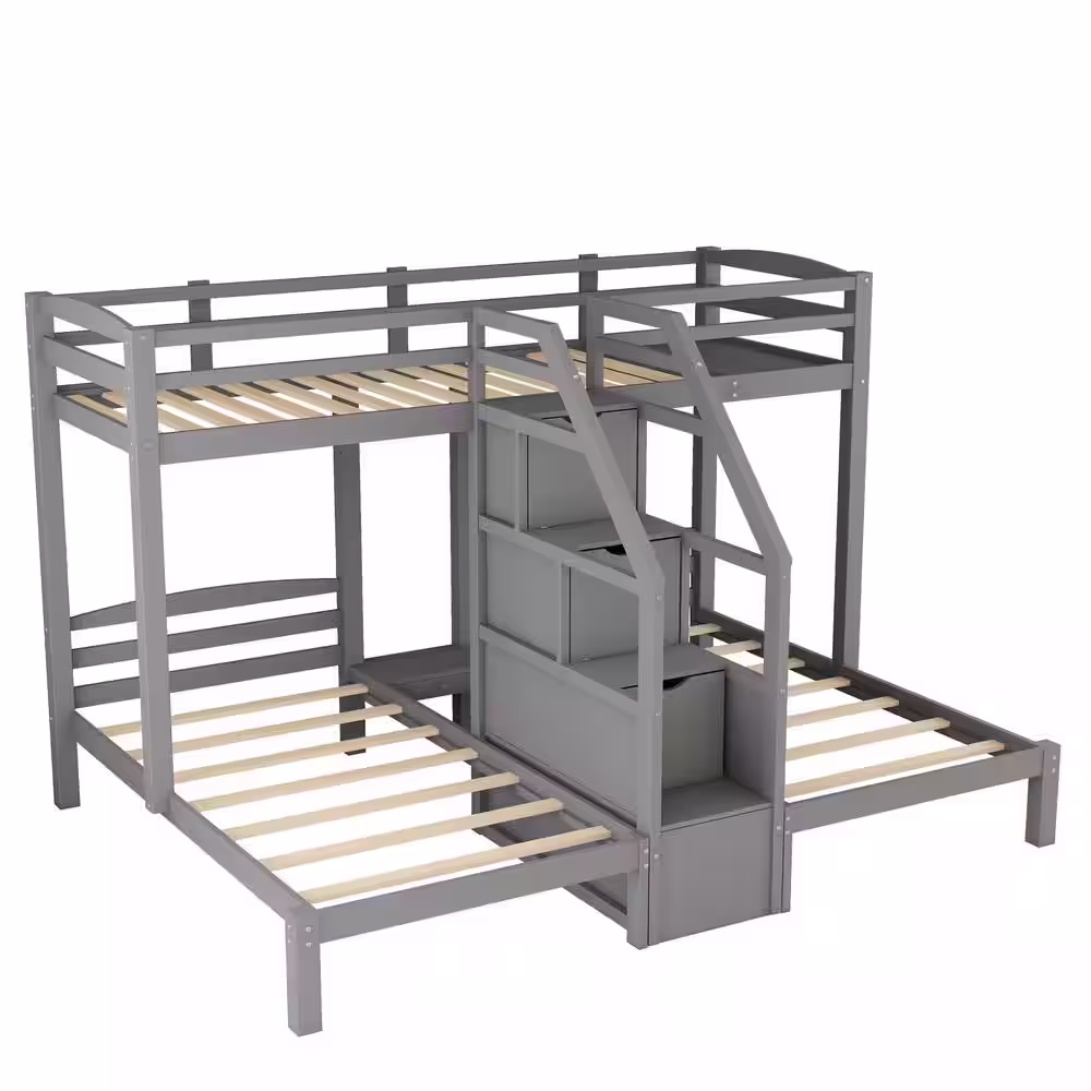 Harper & Bright Designs Gray Twin over Twin and Twin Bunk Bed with Built in Staircase and Little Drawer