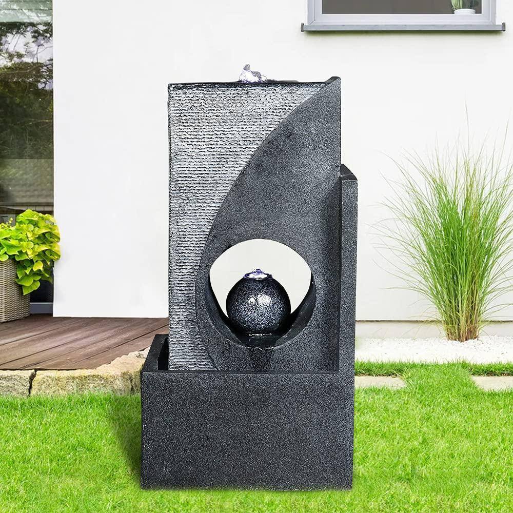 None 24 in. Tall Cascading Water Fountain with Led Lights Outdoor Modern Sphere for Home Garden Patio Decor
