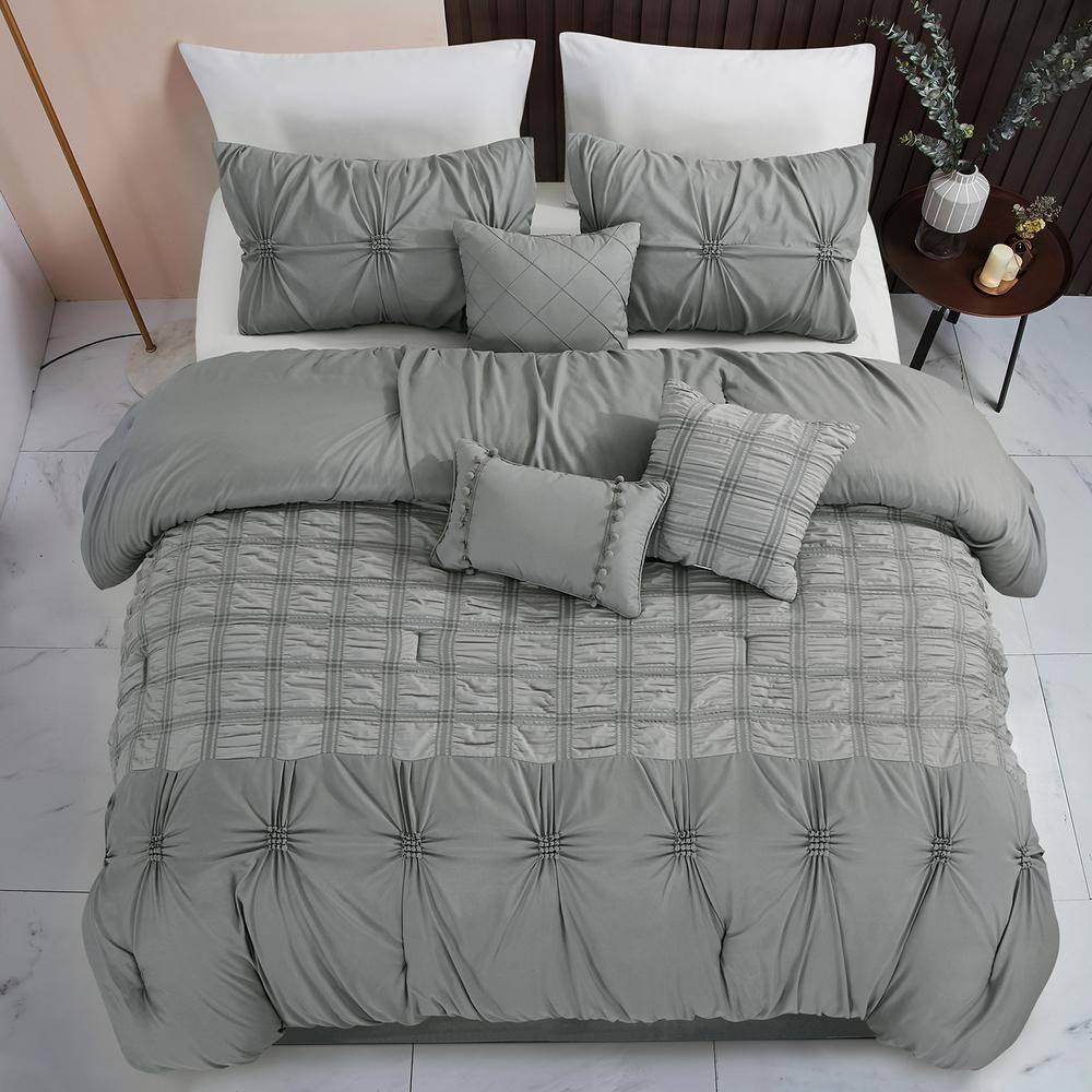 JML 7-Piece Gray Microfiber Seersucker Cal King Comforter Set