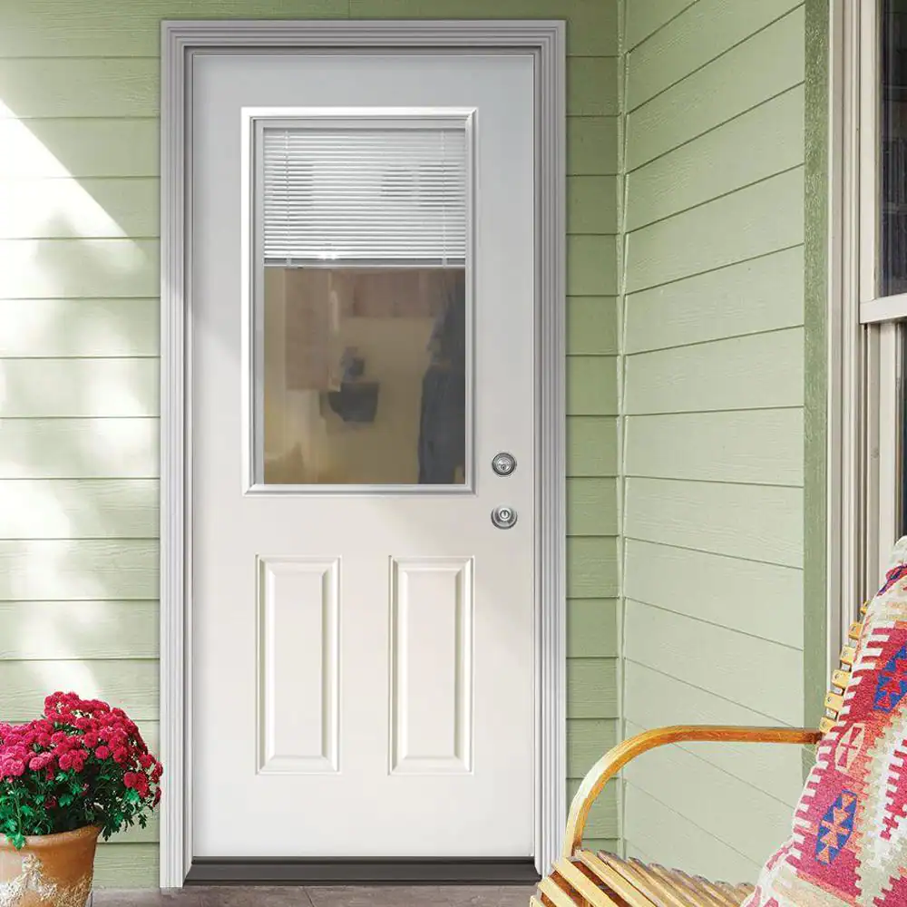 Steves & Sons 31-3/4 in. x 79 in. Reliant Series Mini-Blind White Primed Clear Glass Half Lite Fiberglass Back Door Slab