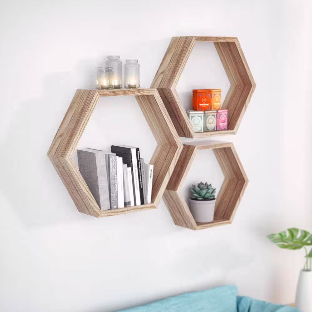 None 3-Piece Set Honeycomb-Shaped Hanging Floating Shelf And Photo Frame Set, Suitable For Home Decoration