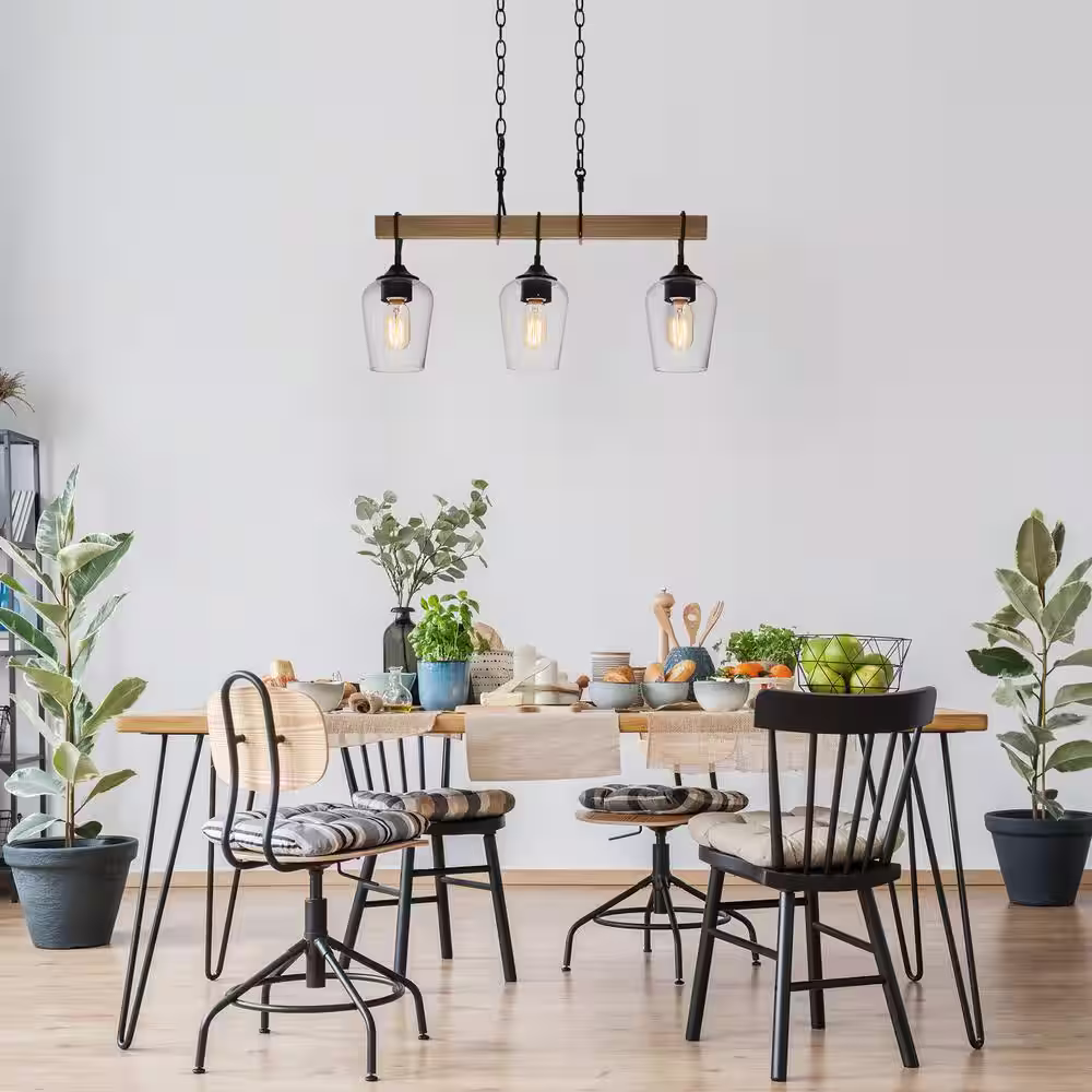 Uolfin Transitional Black Dining Room Island Chandelier, 25 in. 3-Light Farmhouse Faux Wood Pendant Hanging light for Bedroom