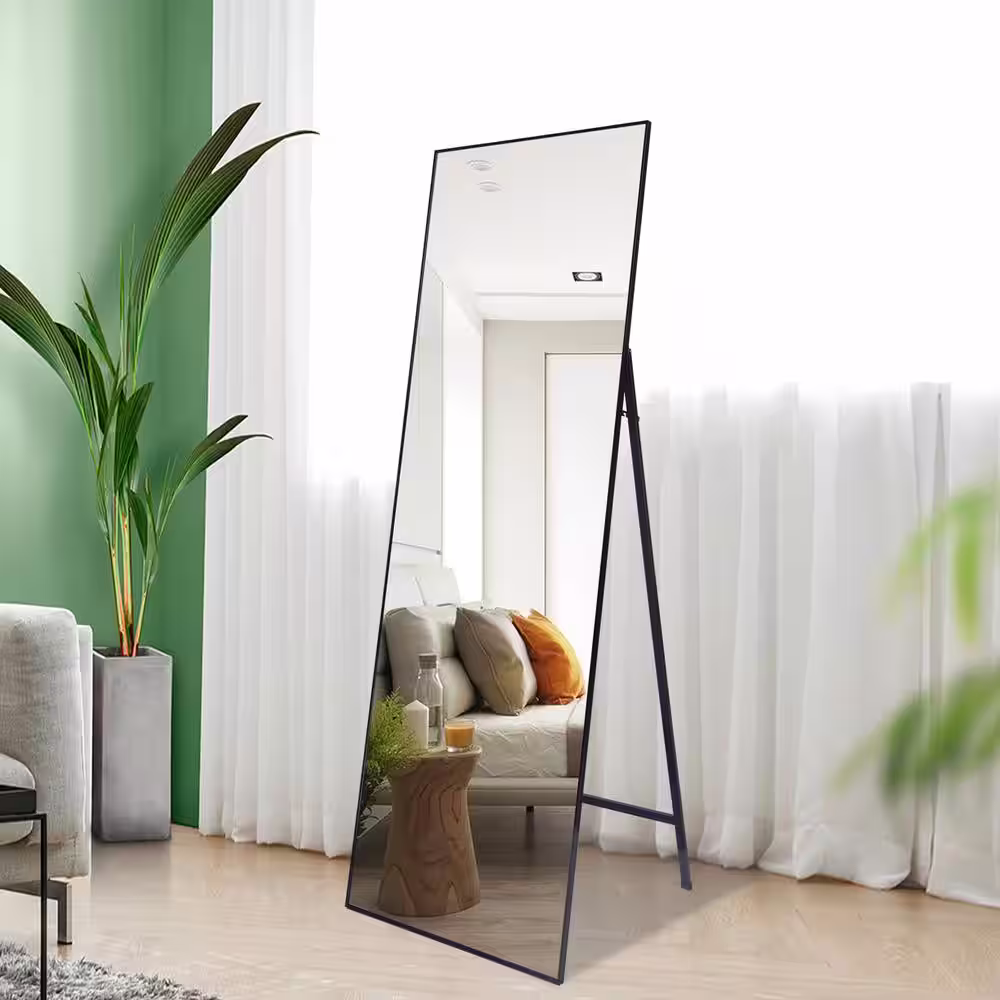 None Tuyprd 65 in. x 22 in. Modern Rectangle Metal Framed Black Full-Length Standing Mirror