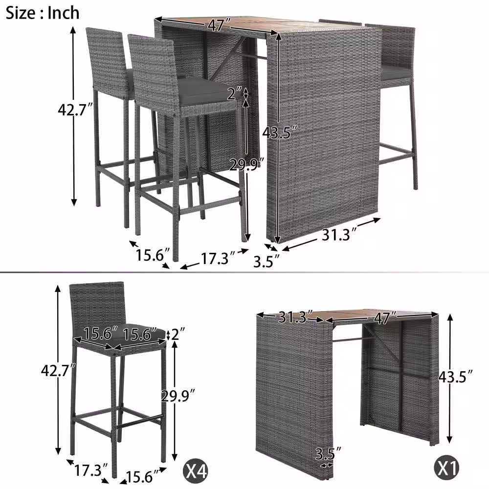 None 5-Piece Wicker Outdoor Bistro Bar Set with Non-Slip Feet and Fixed Rope in Gray Cushion