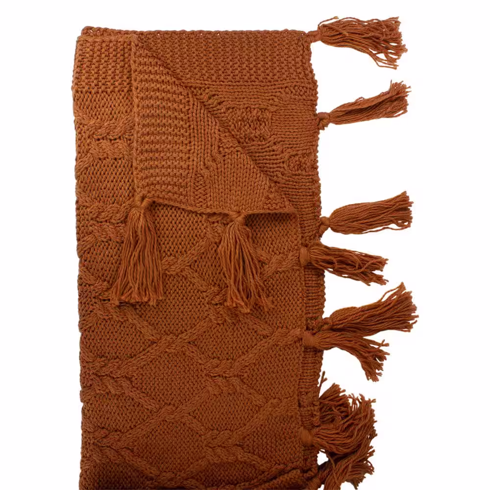 None Golden Ochre Knit Throw Blanket with Tassels 50 in. x 60 in.