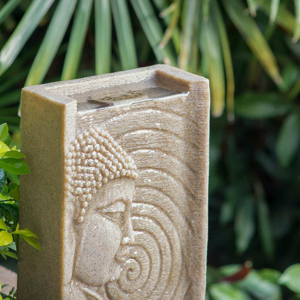 None 14 in. Polyresin and Natural Beige Buddha Face Tabletop Fountain Indoor Outdoor Zen Water Fountain with LED Light