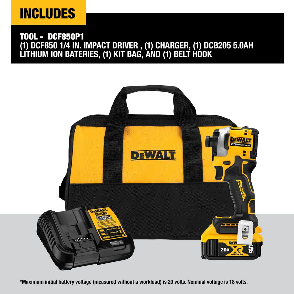DEWALT ATOMIC 20V MAX Lithium-Ion Cordless 1/4 in. Brushless Impact Driver Kit, 5 Ah Battery, Charger, and Bag