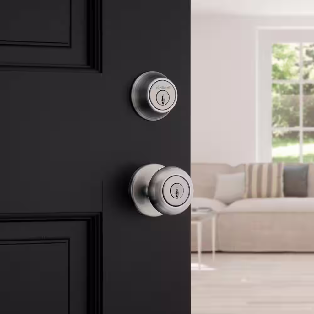 Kwikset Cove Satin Nickel Keyed Entry Door Knob and Single Cylinder Deadbolt Combo Pack featuring SmartKey and Microban