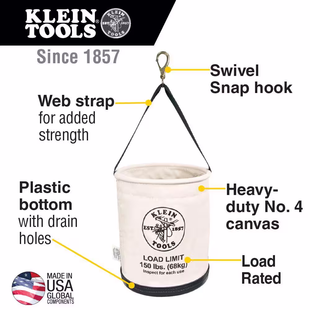 Klein Tools Canvas Bucket, All-Purpose with Swivel Snap and Drain Holes, 12-Inch