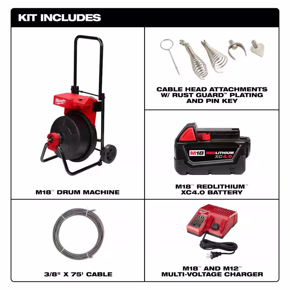 Milwaukee M18 18V Lithium-Ion 3/8 in. x 75 ft. Cable Cordless Drain Cleaning Drum Machine Kit