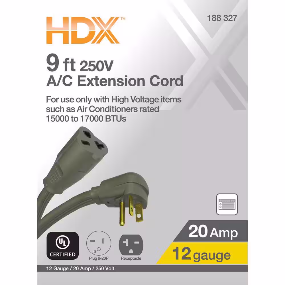 HDX 9 ft. 12/3 20 Amp 250-Volt Air Conditioner Extension Cord, Grey
