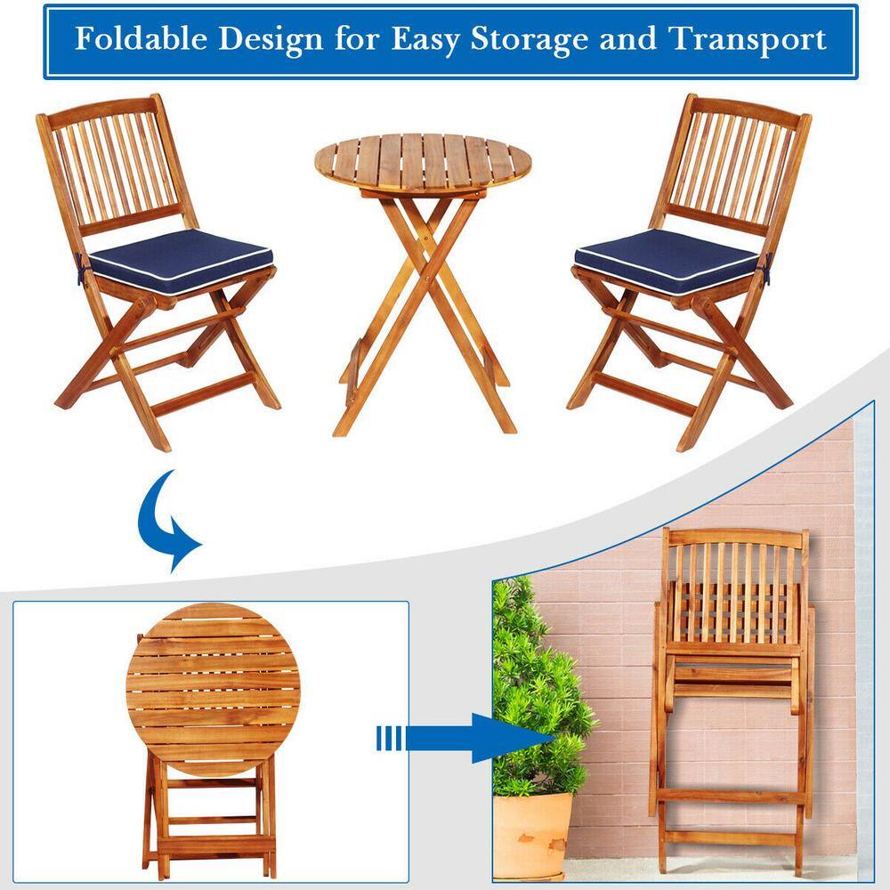 SUNRINX 3-Piece Patio Folding Wooden Round Table Outdoor Bistro Set with Blue Cushions