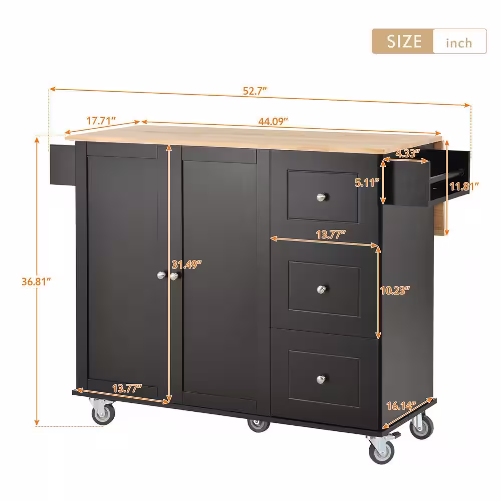 None Black Rolling Kitchen Island Cart with Rubber Wood Drop-Leaf Countertop (52 in. W)