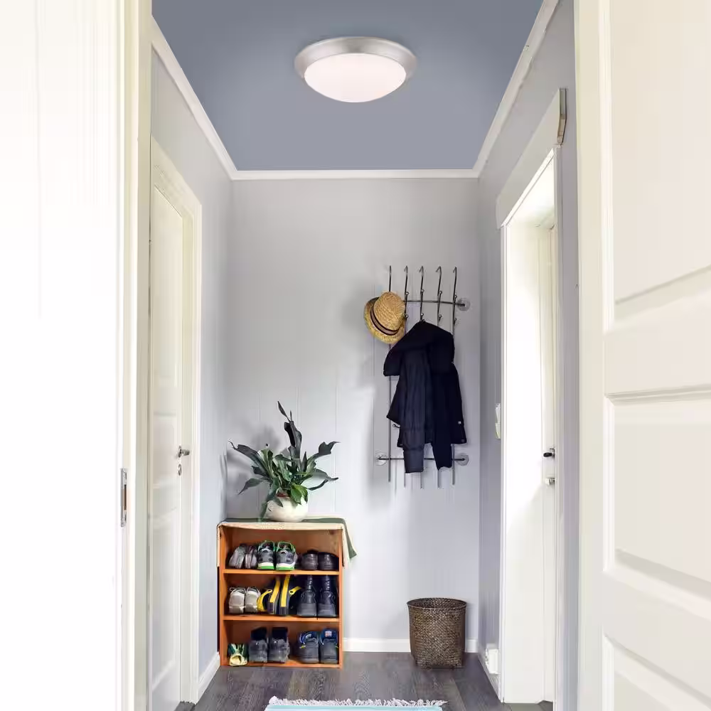 Hampton Bay Stetson 11 in. Transitional Brushed Nickel 5 CCT Integrated LED Flush Mount with Frosted Clear Glass Shade for Kitchen