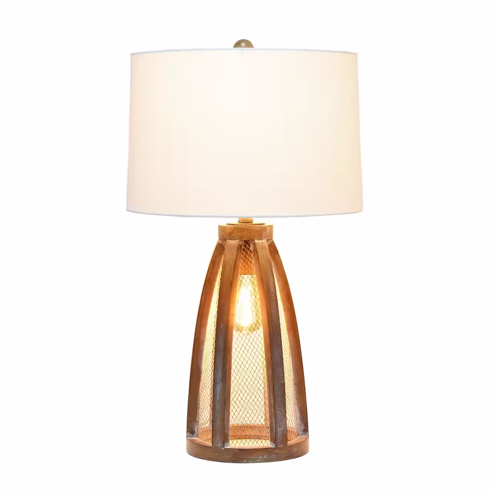 None 29.5 in. Wooded Arch Farmhouse Table Lamp with White Fabric Shade