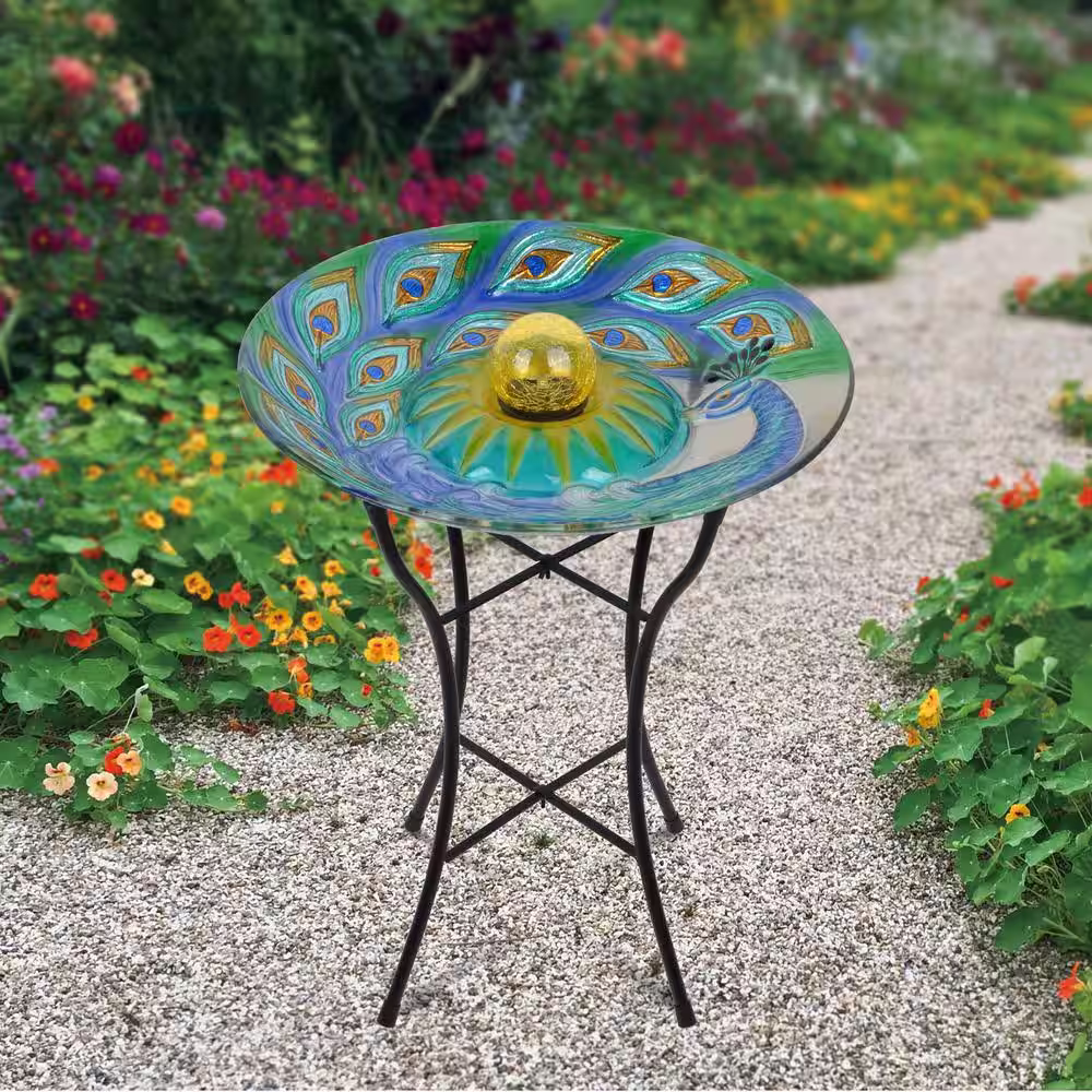 Teamson Home Outdoor 18 in. Solar Glass Birdbath - Peacock