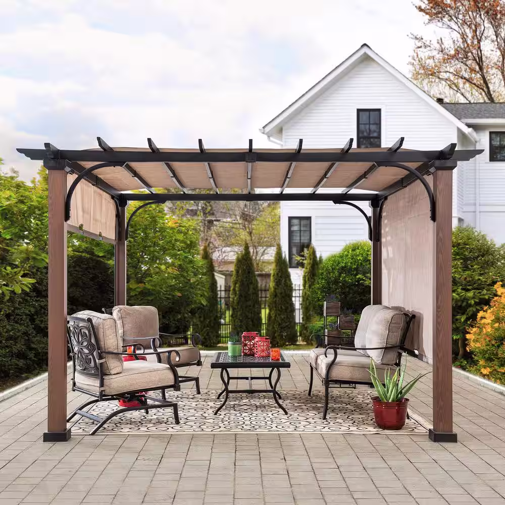 Sunjoy Neuralia 11 ft. x 11 ft. Steel Pergola with Natural Wood Looking Finish and Adjustable Tan Shade