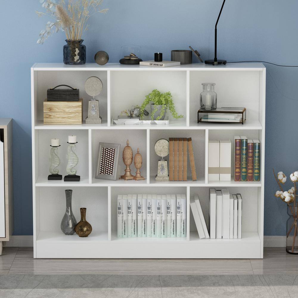 FUFU&GAGA 47.2 in. W x 40.9 in. H White Wooden 10-Shelf Freestanding Standard Bookcase Display Bookshelf With Cubes
