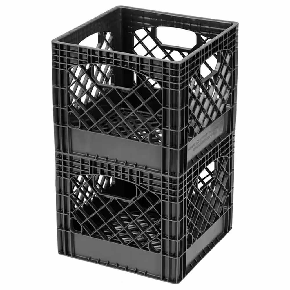 None 18 qt. Storage Stackable Storage Crate with Handles in Black (2-Pack)