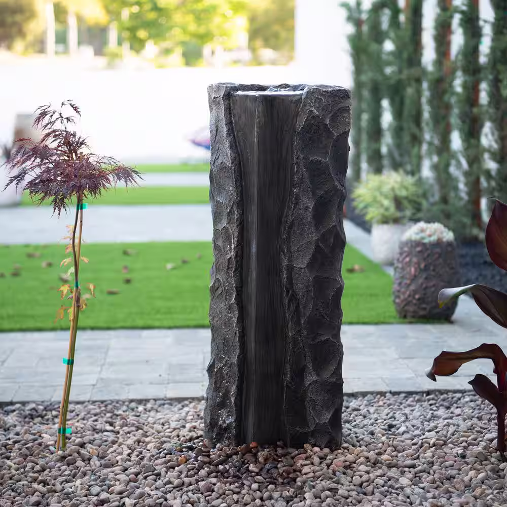 None 40.5 in. H Water Fountain Fiberglass Outdoor Modern Pillar Stone Textured Underground With Auto Shut Off Pump,Gray
