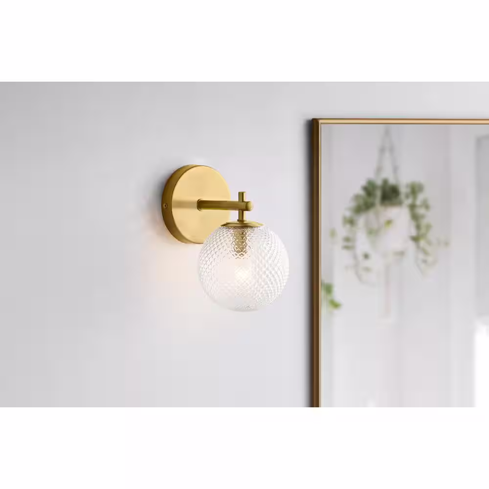 Hampton Bay Walsh 1-Light Brass Wall Sconce Light with Prismatic Glass Shade