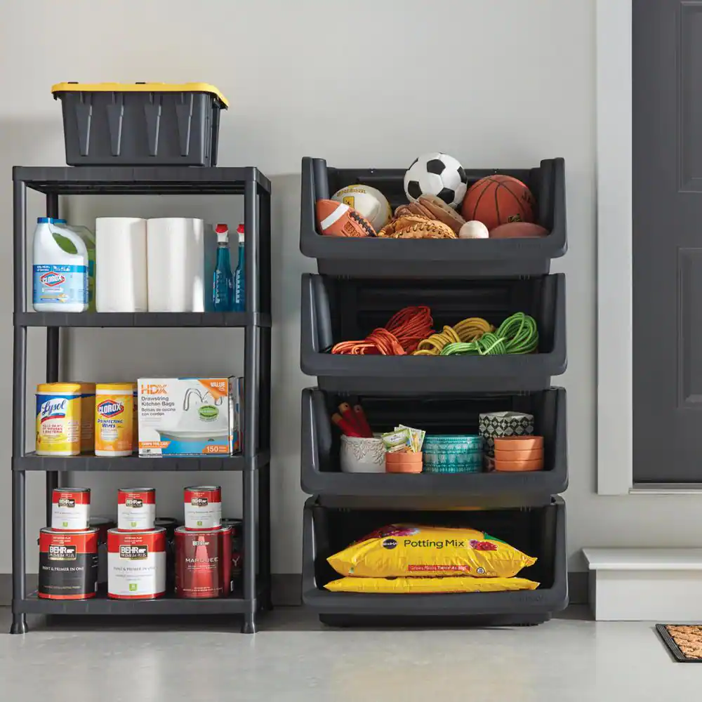 HDX 4-Tier Plastic Garage Storage Shelving Unit in Black (28 in. W x 52 in. H x 15 in. D)