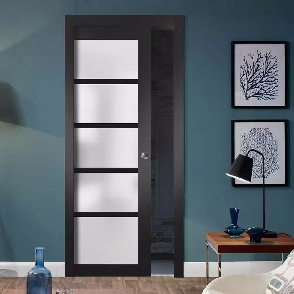 Sartodoors 4002 24 in. x 84 in. 5 Panel No Bore 5 Lites Frosted Glass Solid MDF Core Black Finished Pine Wood  Interior Door Slab