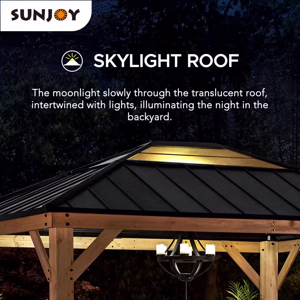 Sunjoy Mavis 13 ft. x 11 ft. Cedar Framed Gazebo with Black Steel and Polycarbonate Hip Roof Hardtop
