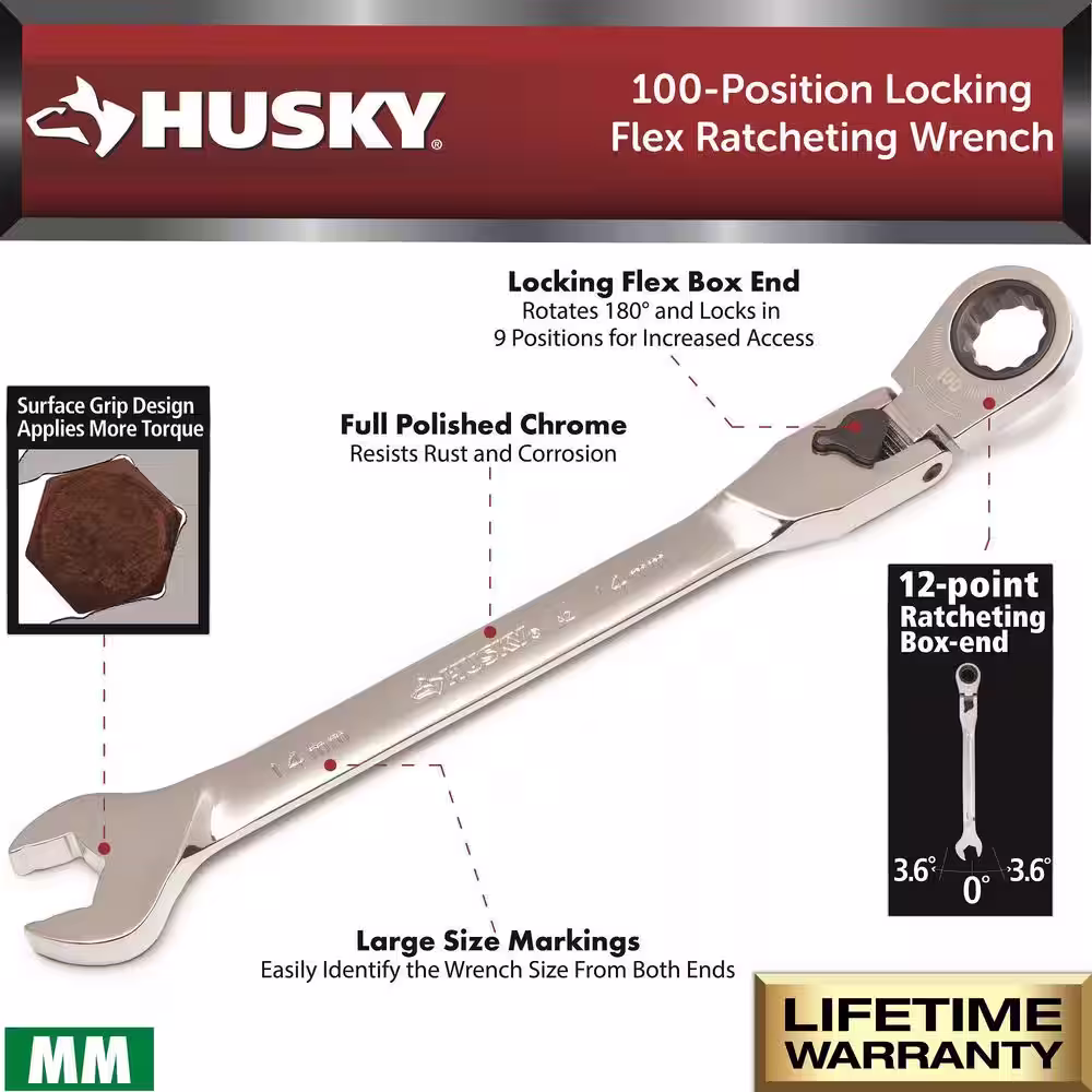 Husky 100-Position Chrome Flex Lock Ratcheting Wrench Set SAE/MM (12-Piece)