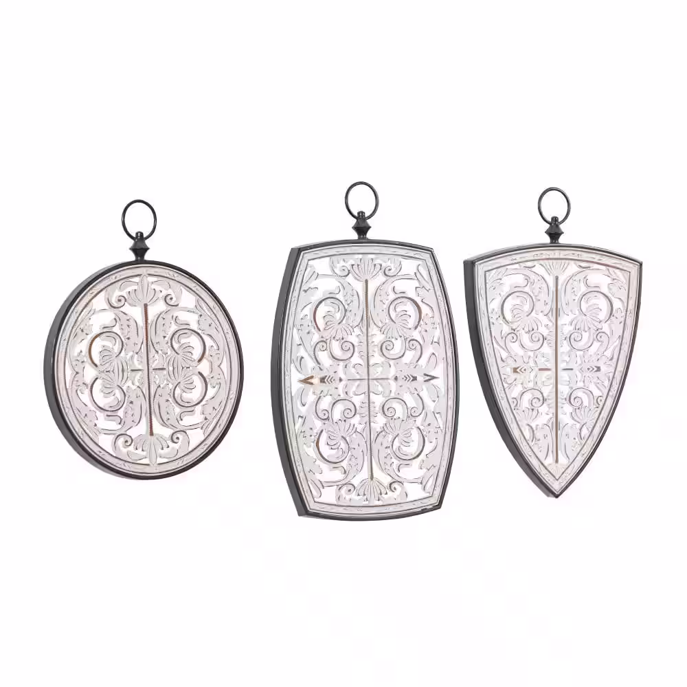 Litton Lane Wood White Carved Design Floral Wall Decor with Ring Hanger (Set of 3)