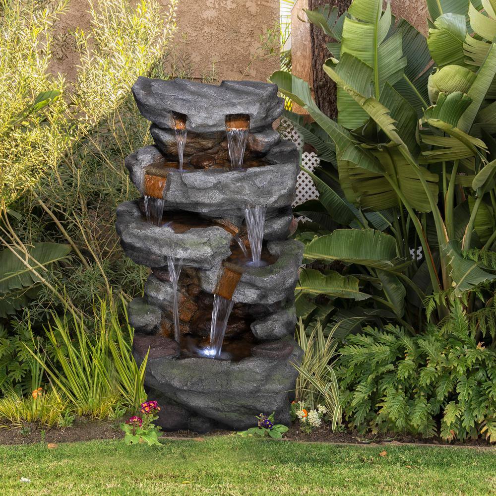 Alpine Corporation 39 in. Tall Outdoor Cascading Stone Water Fountain with LED Lights