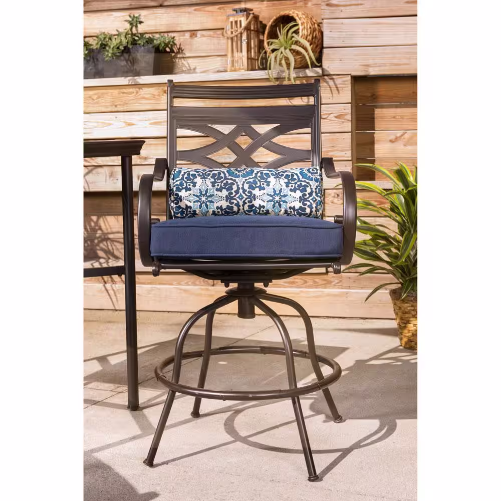 Hanover Montclair 5-Piece Steel Outdoor Bar Height Dining Set with Navy Blue Cushions, 4-Swivel Chairs and a 33 in. Dining Table