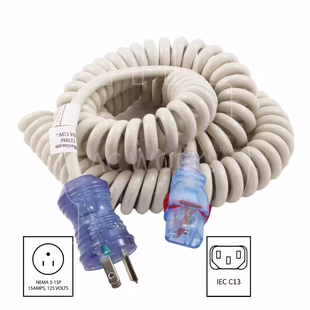 AC WORKS AC Connectors up to 10 ft. 18/3 10 Amp Medical/Hospital Grade Cart Coiled Power Cord with Locking IEC C13