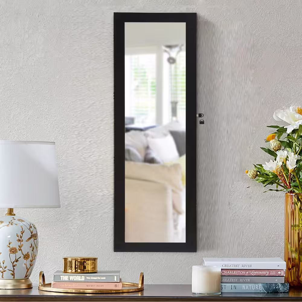 Costway 14.5 in. L x 3.3 in. W x 53.5 in. H Brown MDF Lockable Wall Door Mounted Mirror Jewelry Cabinet