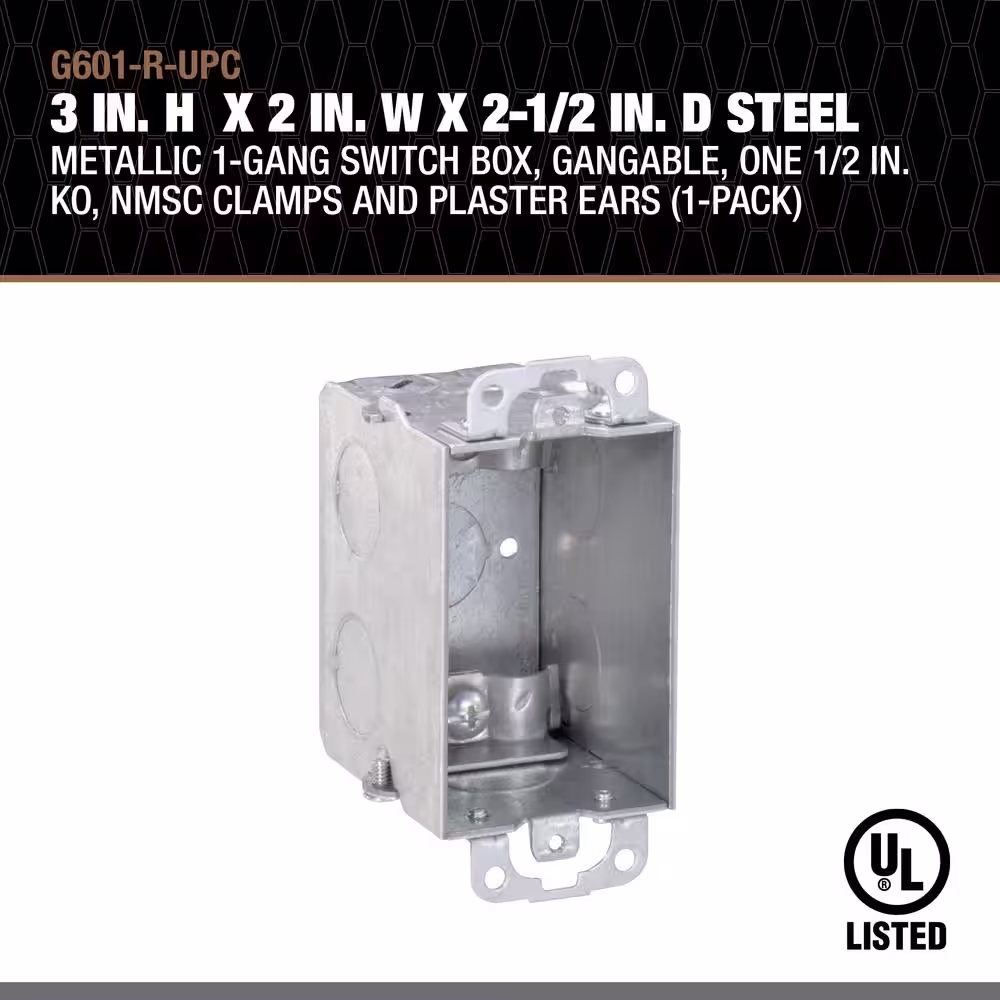 Southwire 3 in. H x 2 in. W x 2-1/2 in. D Steel Metallic 1-Gang Switch Box, One 1/2 in. KO , NMSC Clamps and Plaster Ears 1-Pack
