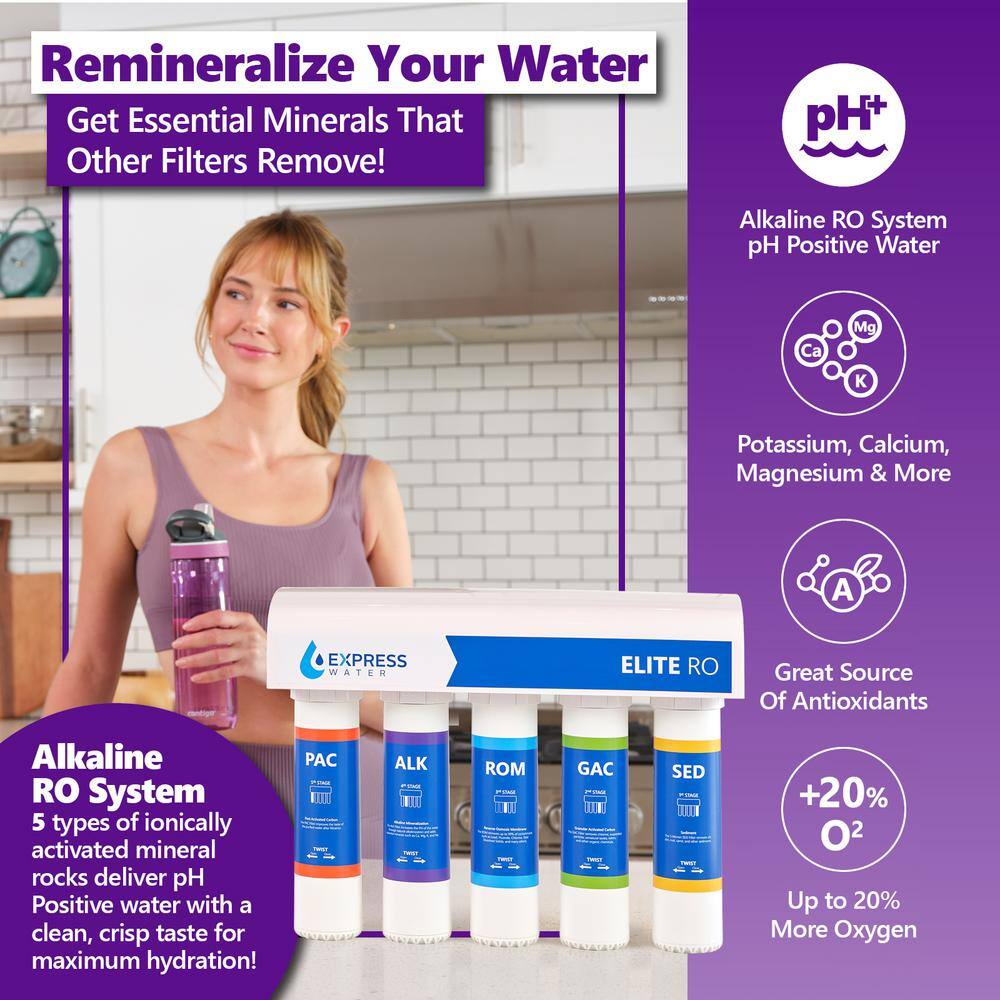 Express Water Elite Reverse Osmosis 9 Stage Alkaline Water Filtration System Quick Twist Filter Change Under Sink RO System 100 GPD
