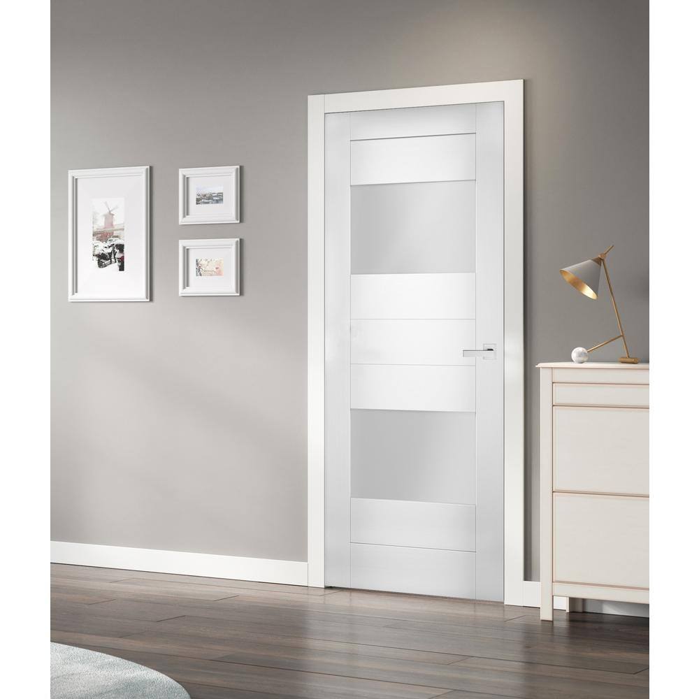 VDOMDOORS 30 in. x 80 in. Single Panel No Bore Frosted Glass White Finished Pine Wood Interior Door Slab