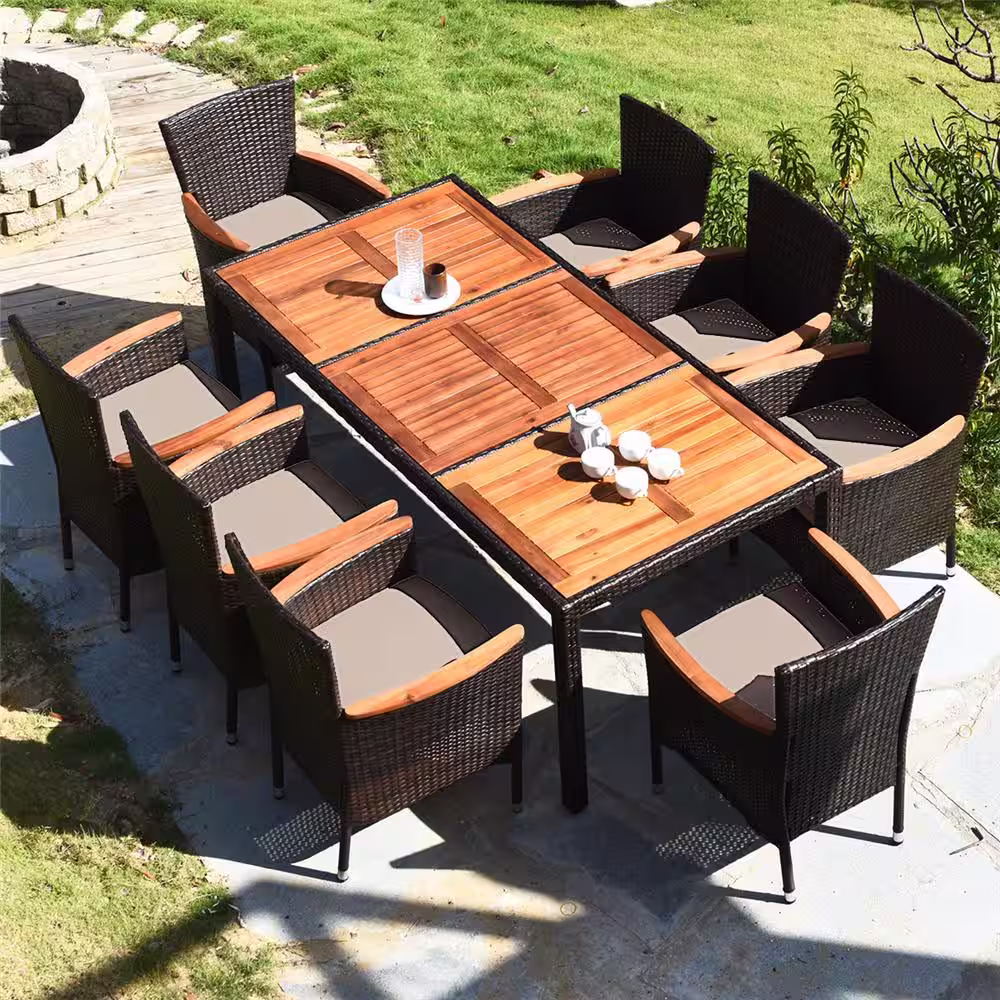 Costway 9-Piece Wood Rectangle Outdoor Dining Set with Beige Cushions