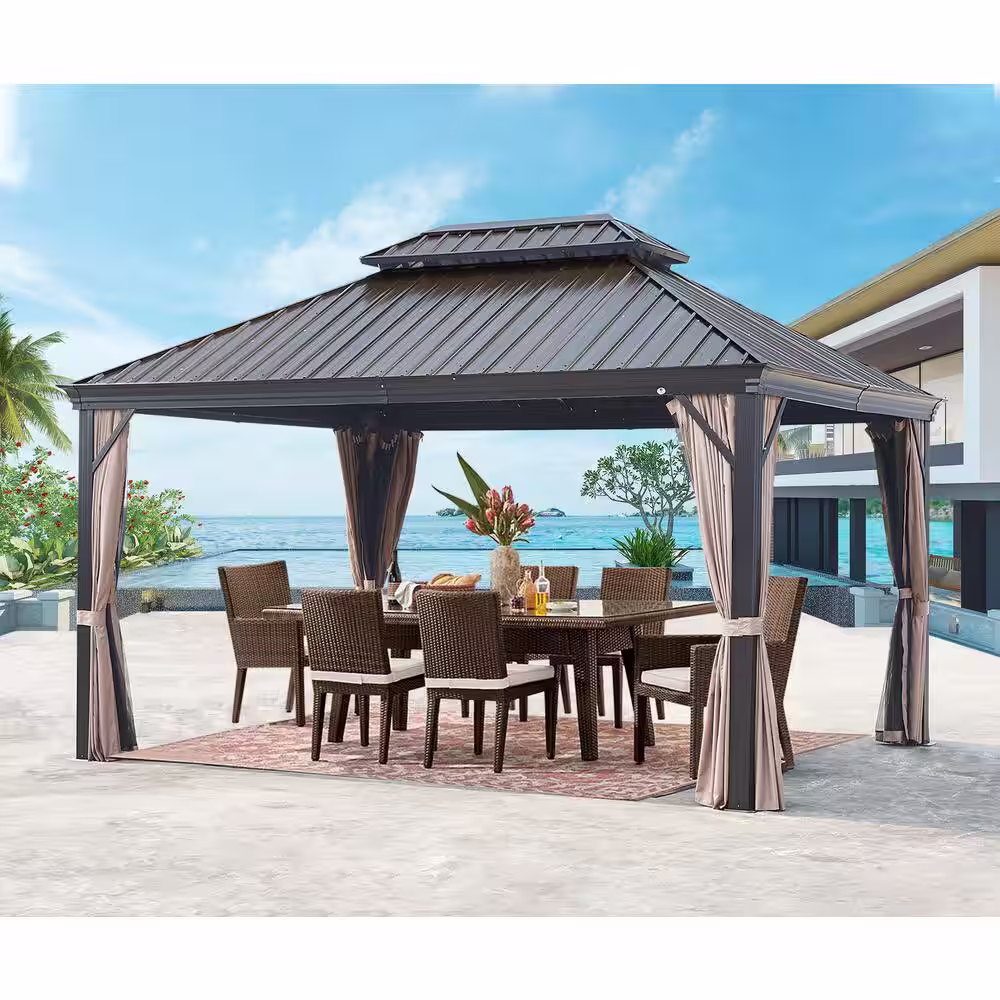ULAX FURNITURE 10 ft. x 12 ft. Aluminum Hardtop Gazebo with Galvanized Steel Roof and Mosquito Net
