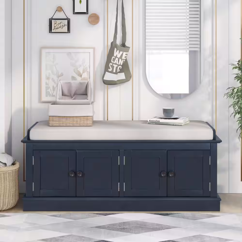 None Antique Navy Storage Bench w/ 4-Doors & Adjustable Shelves, Shoe Bench w/ Cushion (42.7 in. L x 16 in. W x 17.4 in. H )