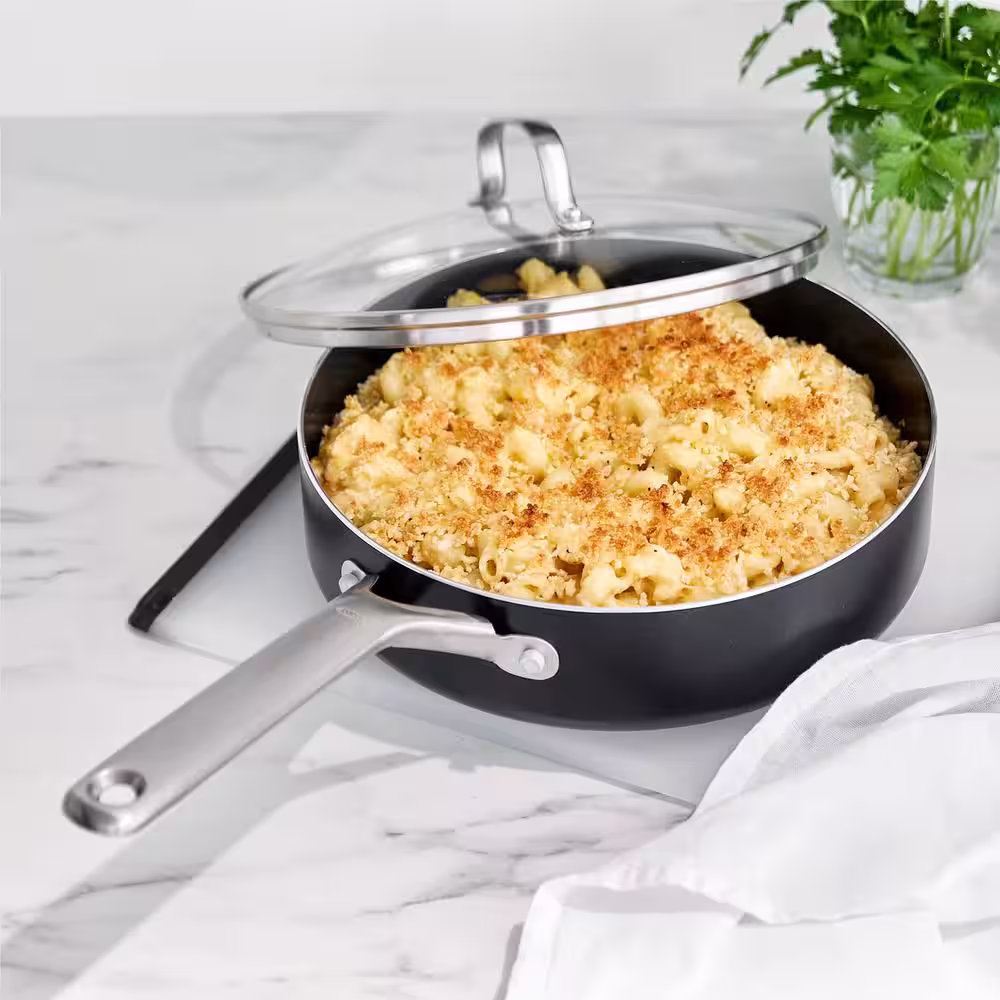 OXO Agility 11 in. 5 qt. Aluminum Ceramic Non-Stick Saute Pan Frying Pan with Helper Handle and Lid
