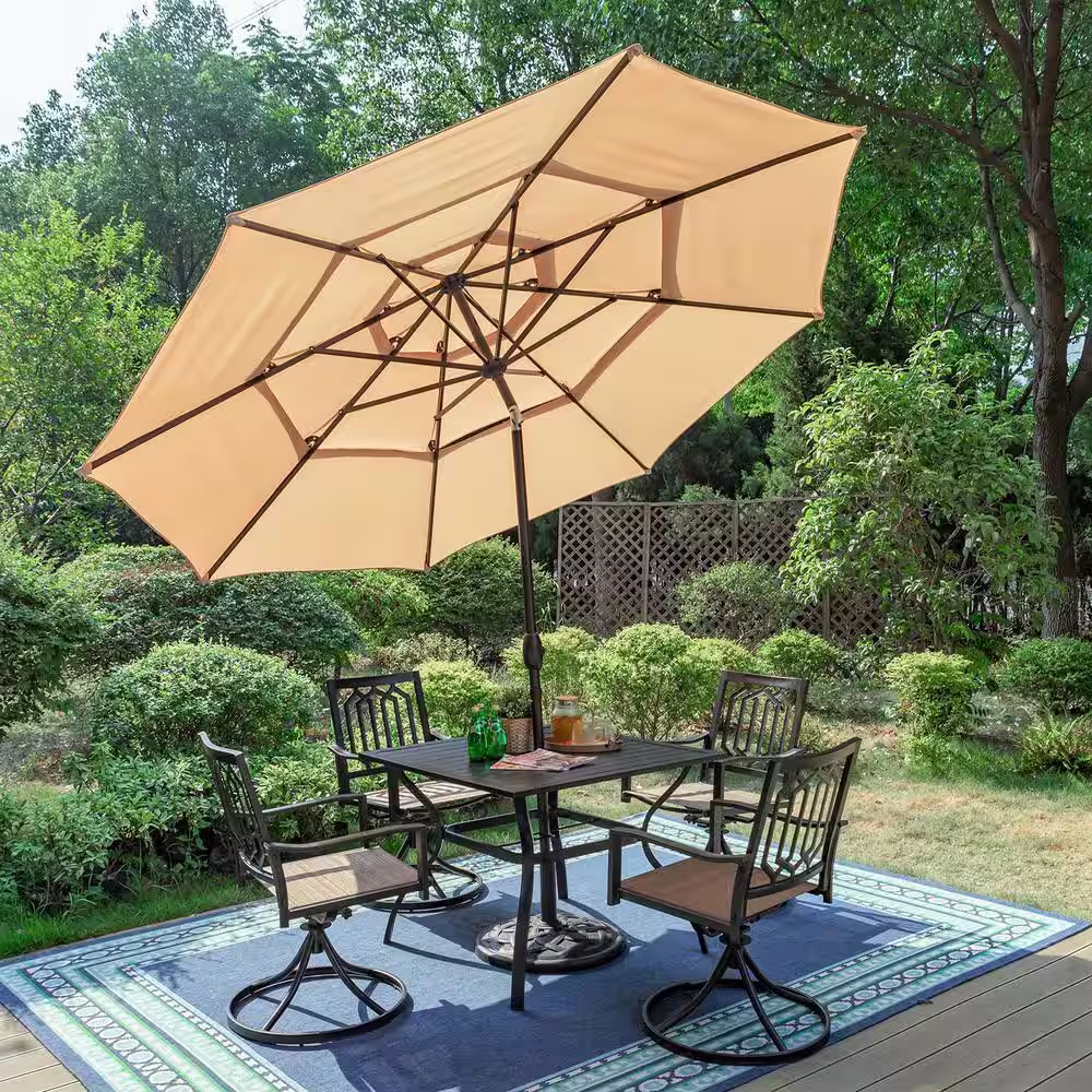 None Black 6-Piece Metal Outdoor Patio Dining Set with Slat Square Table, Umbrella and Fashion Swivel Chairs